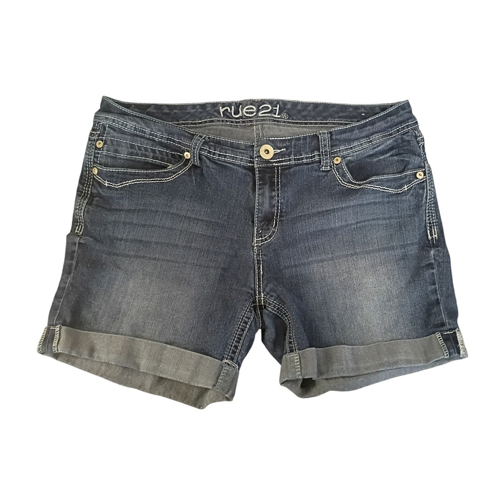 Rue21 Womens Denim Shorts Dark Wash Cuffed Sequin Embroidered Pockets Size 15/16